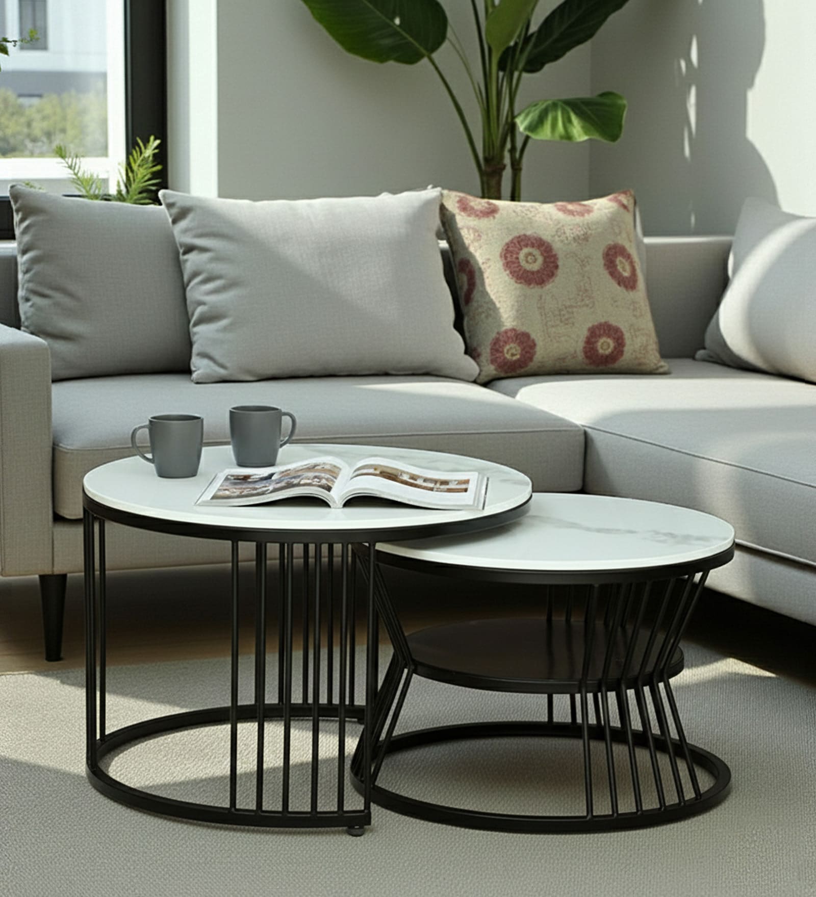 Elvas Metal Round Nesting Coffee Table Set In Black Finish with White Porcelain Top (Set of 2)