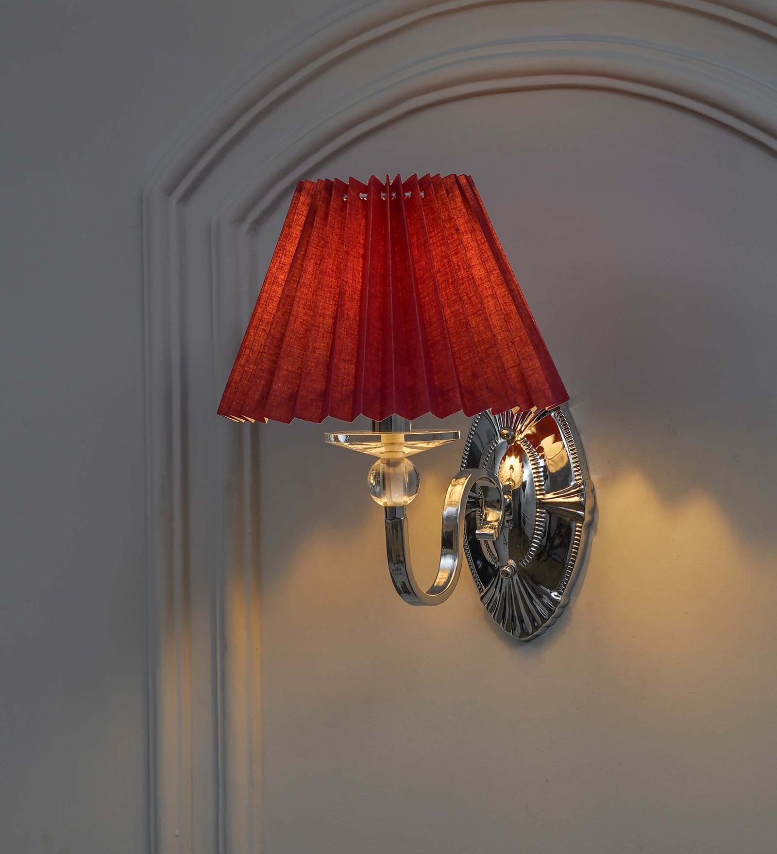 Elvira Fabric Maroon Shade Wall Light With Crystal Glass & Chrome Finish Metal Body Modern Decorative Wall Lamp For Bedroom, Living Room & Hallway (E14 Compatible)