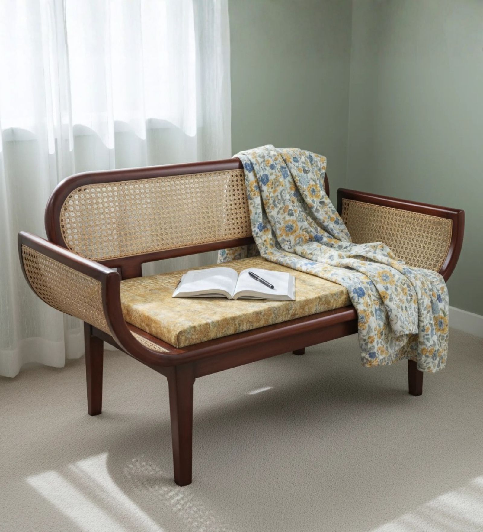 Elvoro Solid Wood Love Sofa In Teak Orange Finish