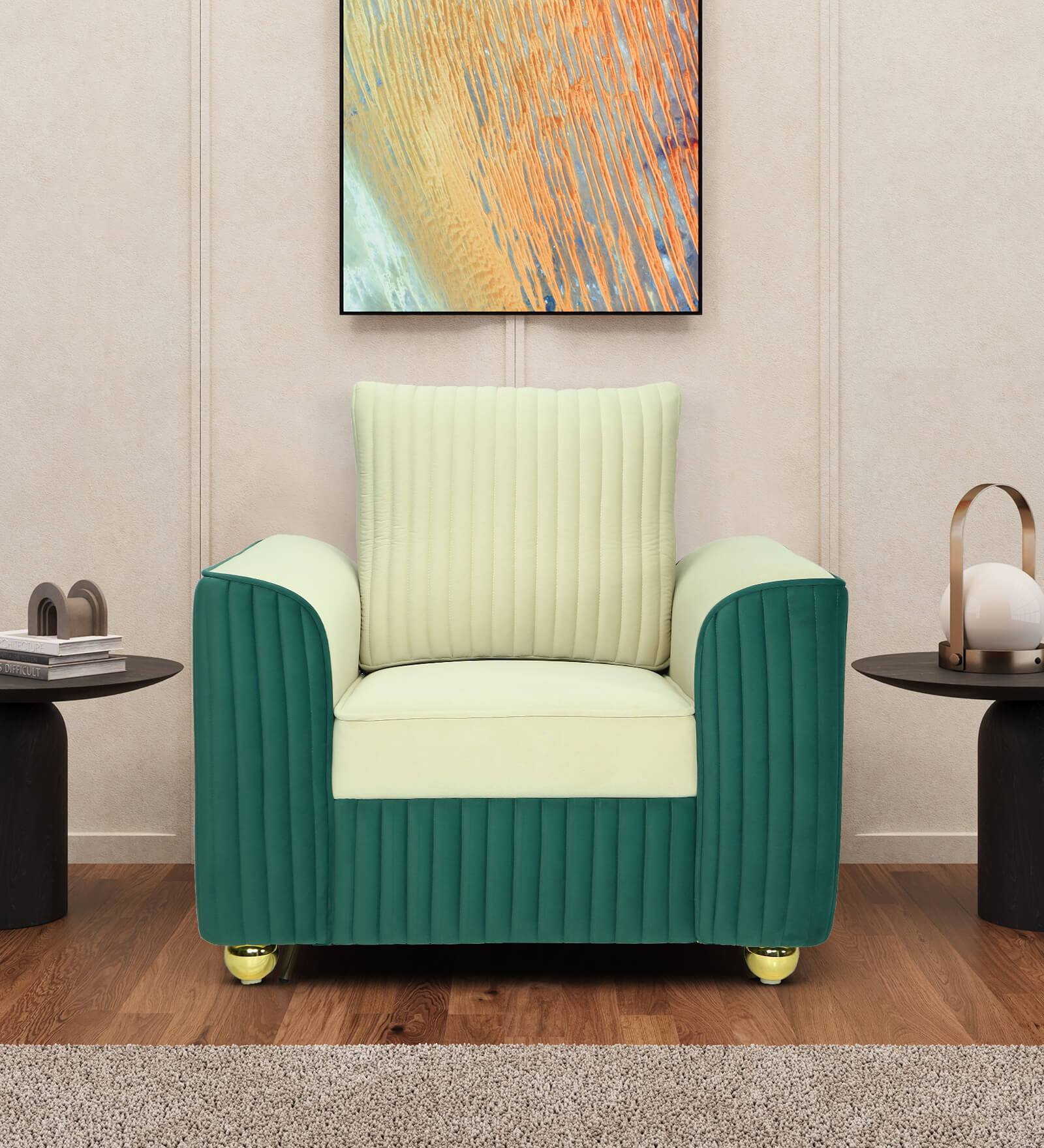 Elysia Waterproof Velvet 1 Seater Sofa In Cream And Emerald Green Colour