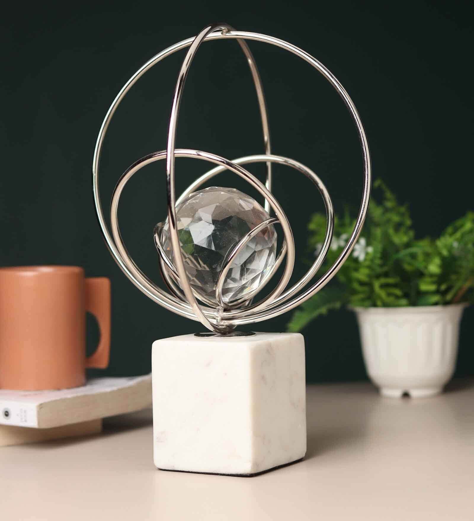 Elysian Silver Rings Crystal Ball Sculpture