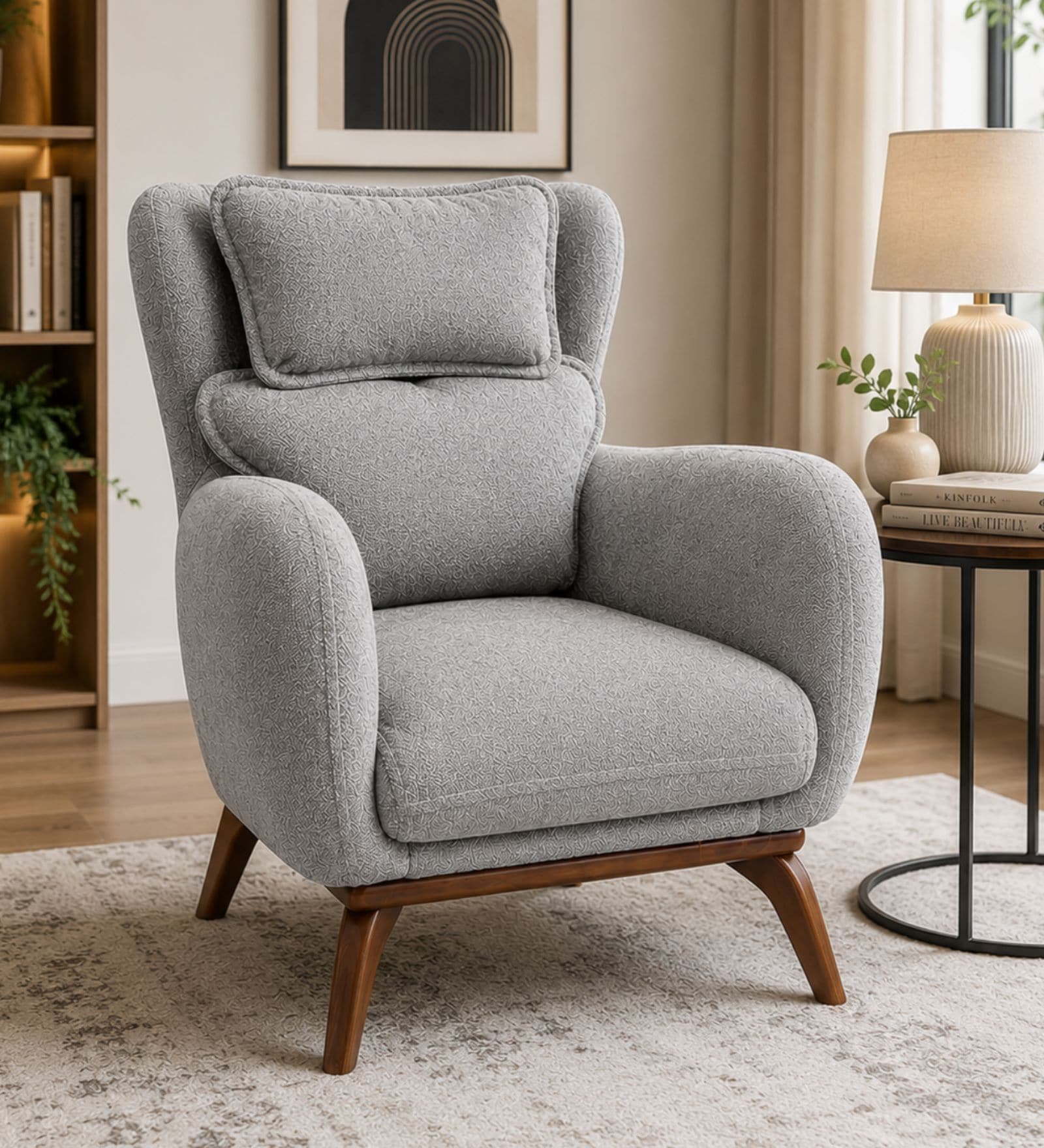 Elysian Teak Wood Chair With Suede Fabric In Grey Colour