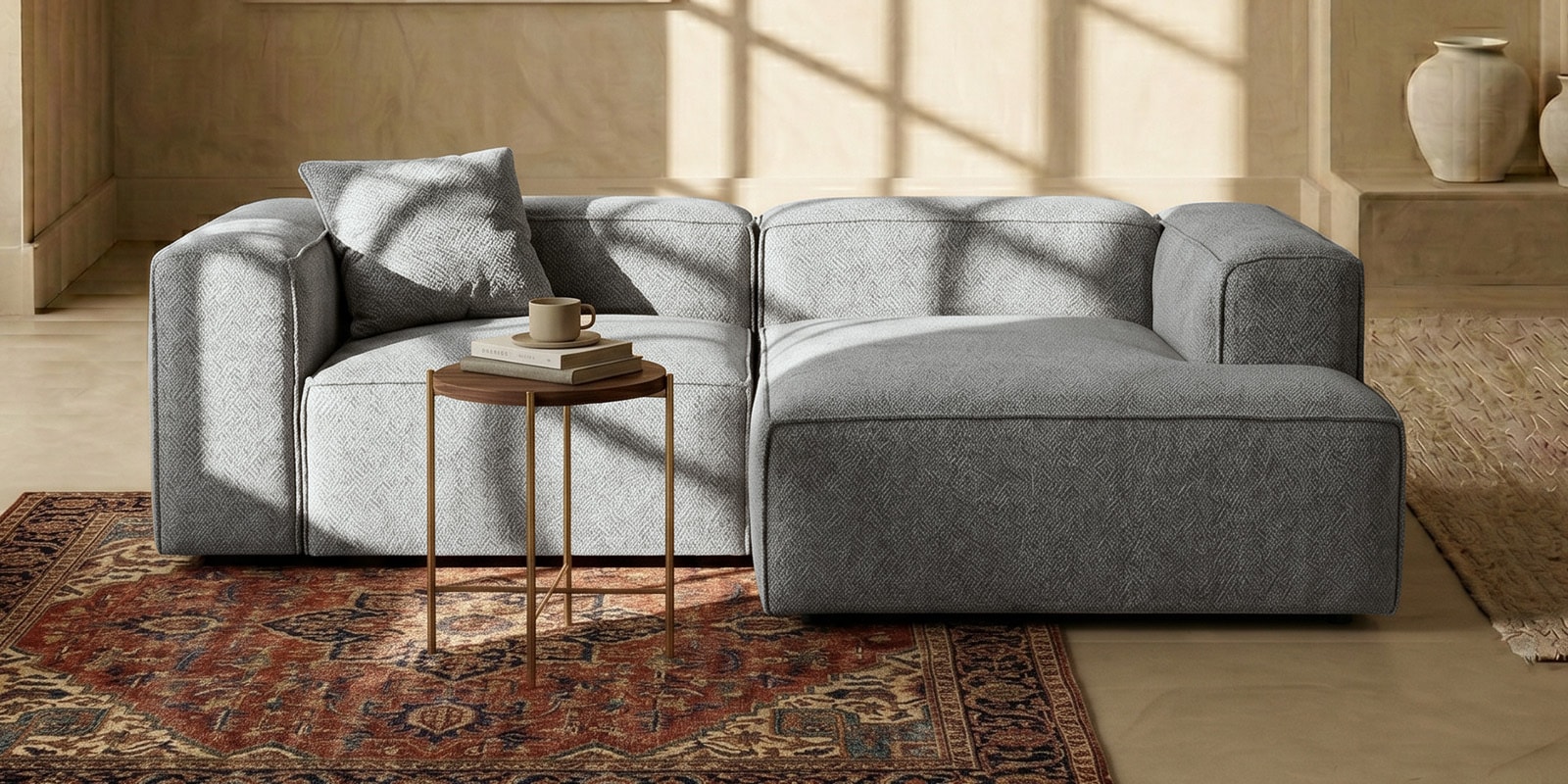 Elegant Edge 2 Seater Boucle LHS L Shaped Sofa In Dark Grey Color