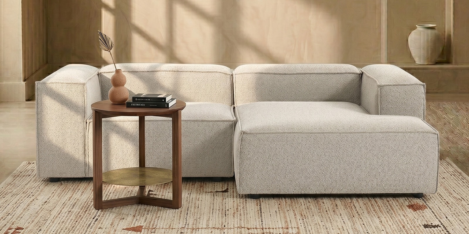 Elegant Edge 2 Seater Boucle LHS L Shaped Sofa In White Color