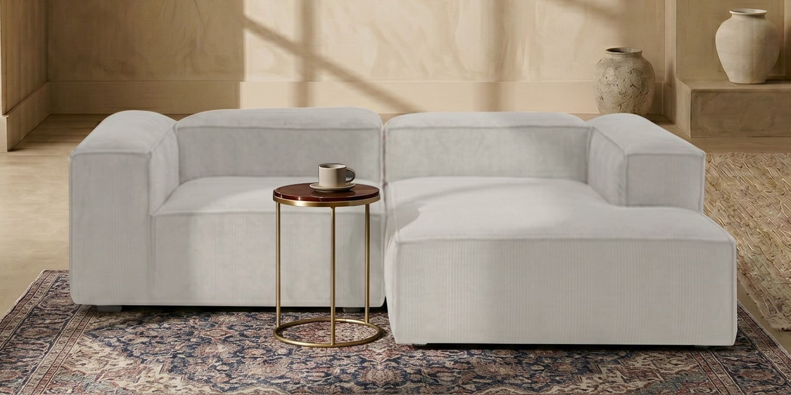 Elegant Edge 2 Seater Versatile Corduroy LHS L Shaped Sofa In Creme Color