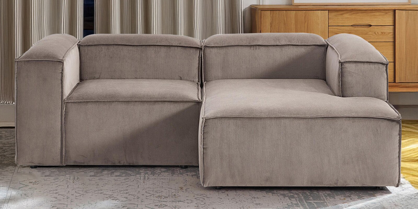 Elegant Edge 2 Seater Versatile Corduroy LHS L Shaped Sofa In Grey Color