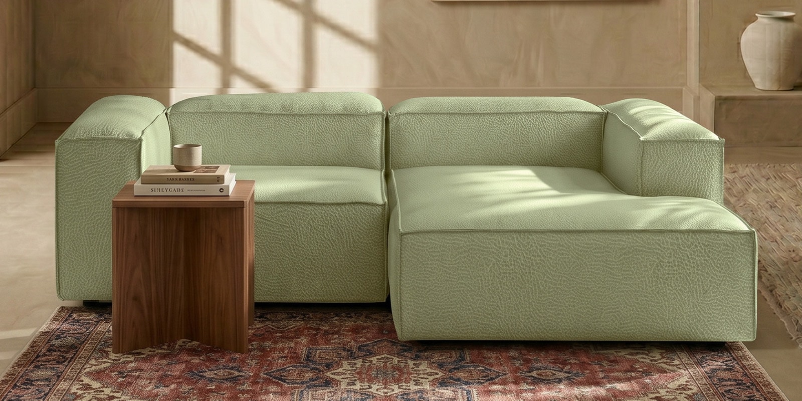 Elegant Edge 2 Seater Versatile LHS L Shaped Sofa In Olive Green Color