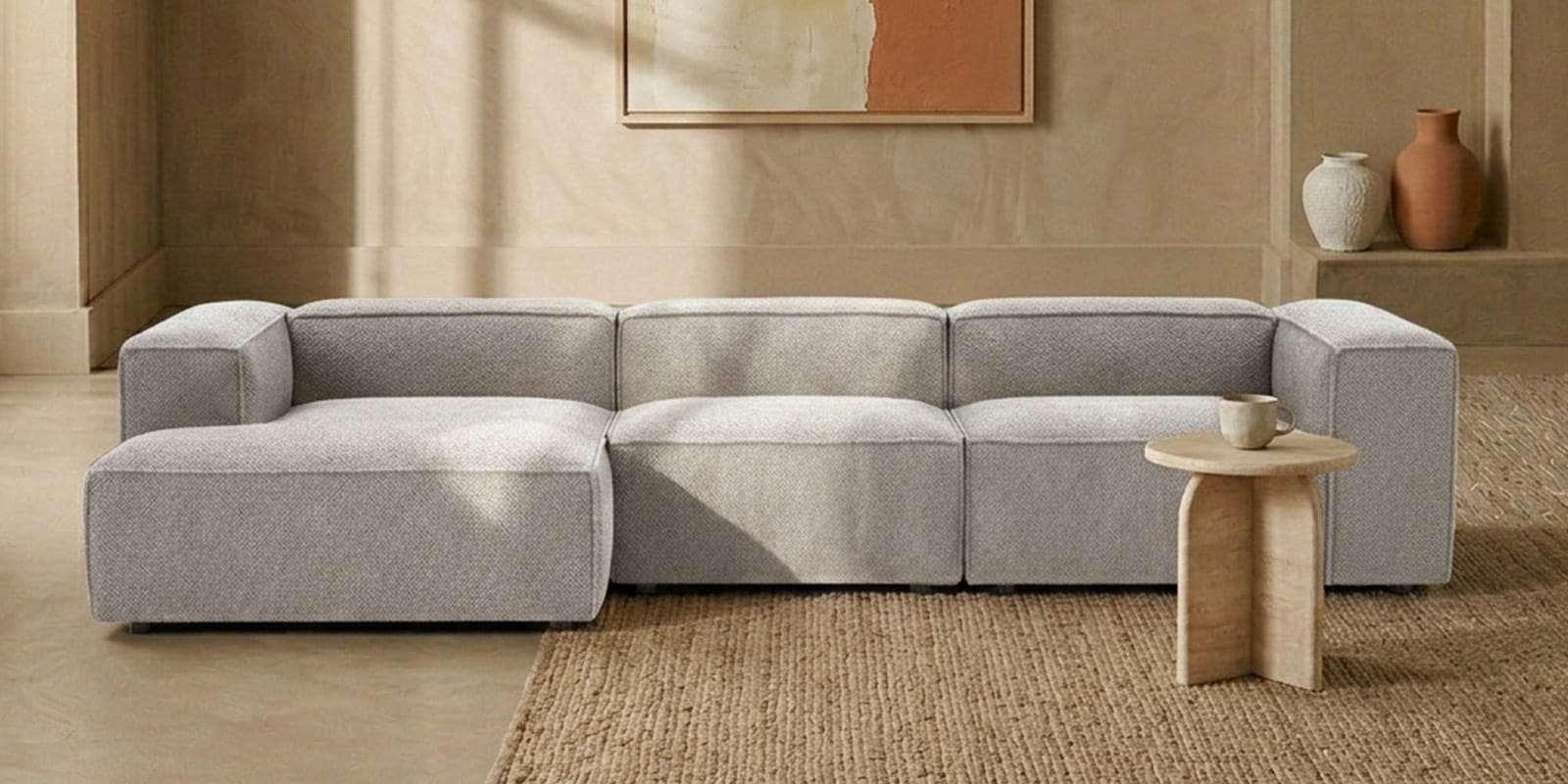 Elegant Edge 3 Seater Boucle RHS L Shaped Sofa In Grey Color