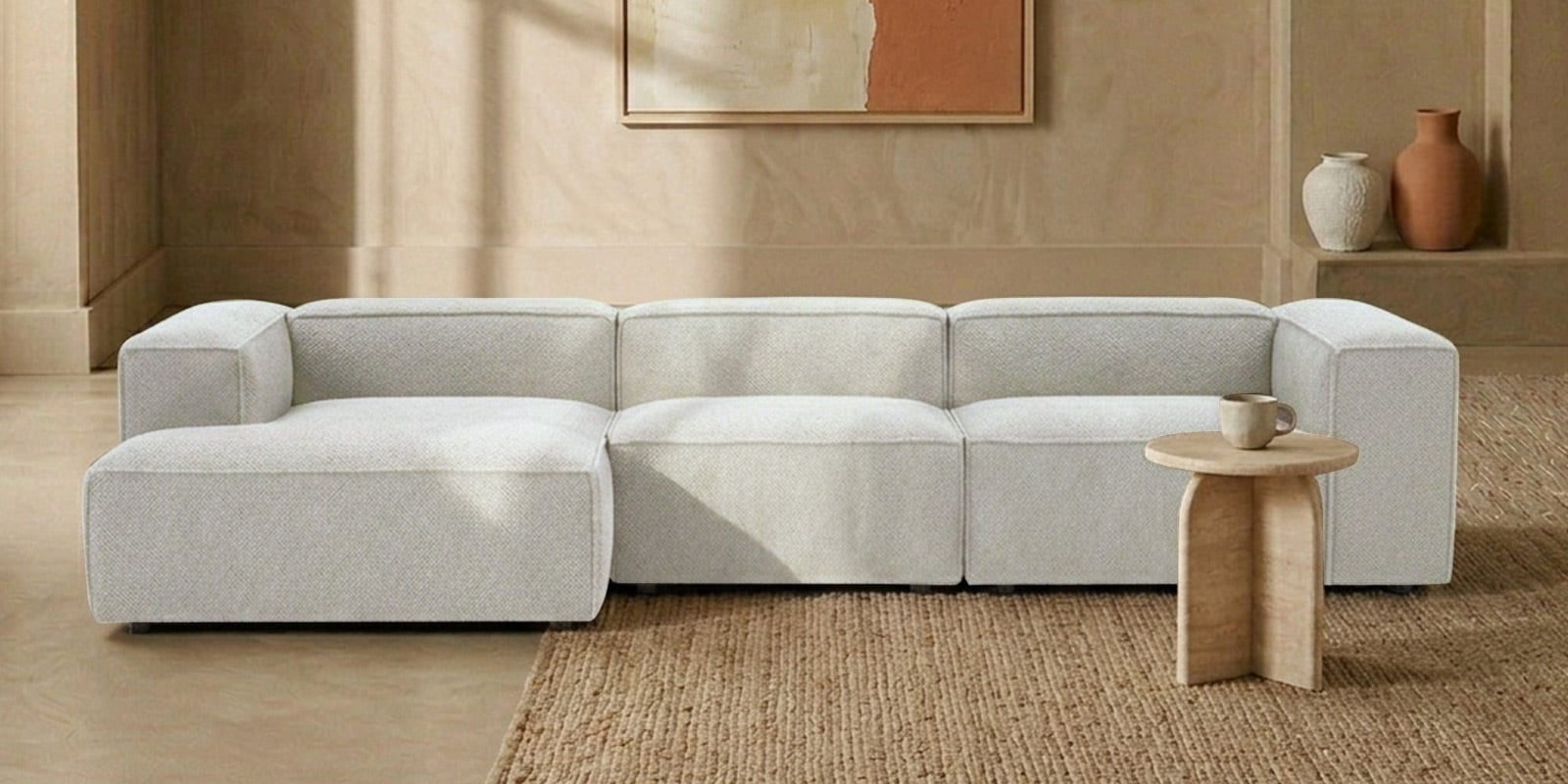 Elegant Edge 3 Seater Boucle RHS L Shaped Sofa In White Color