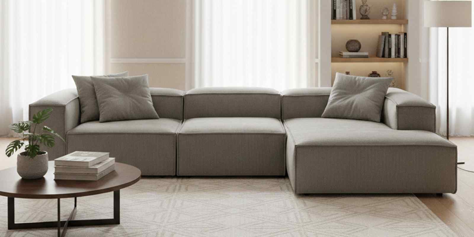 Elegant Edge 3 Seater Corduroyl Shaped Sofa In  Grey Color