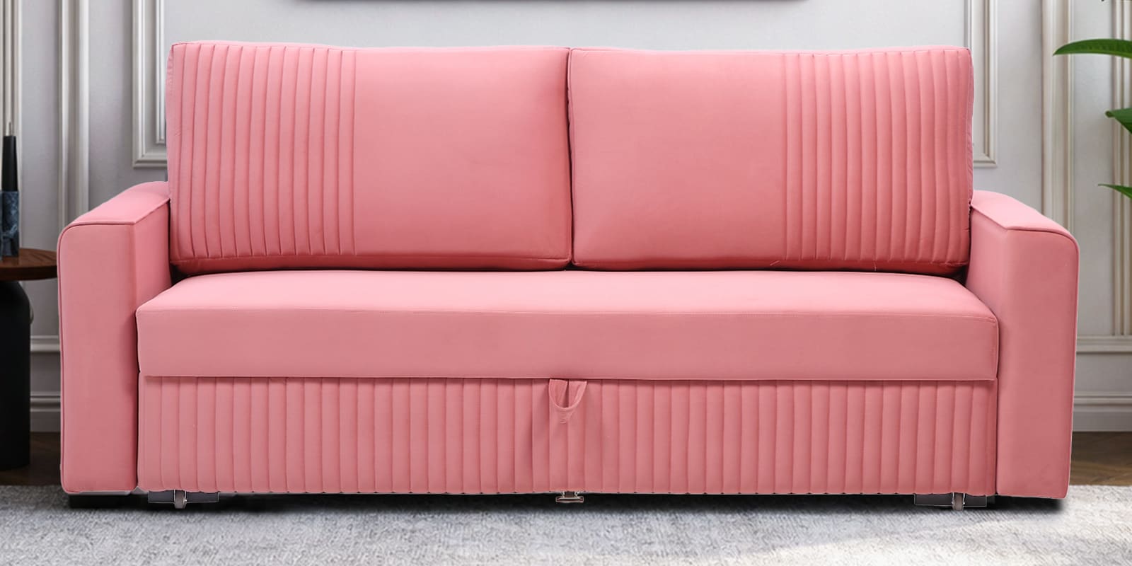 Elina Velvet Fabric Sofa Cum Bed in Blush Pink Colour With Storage