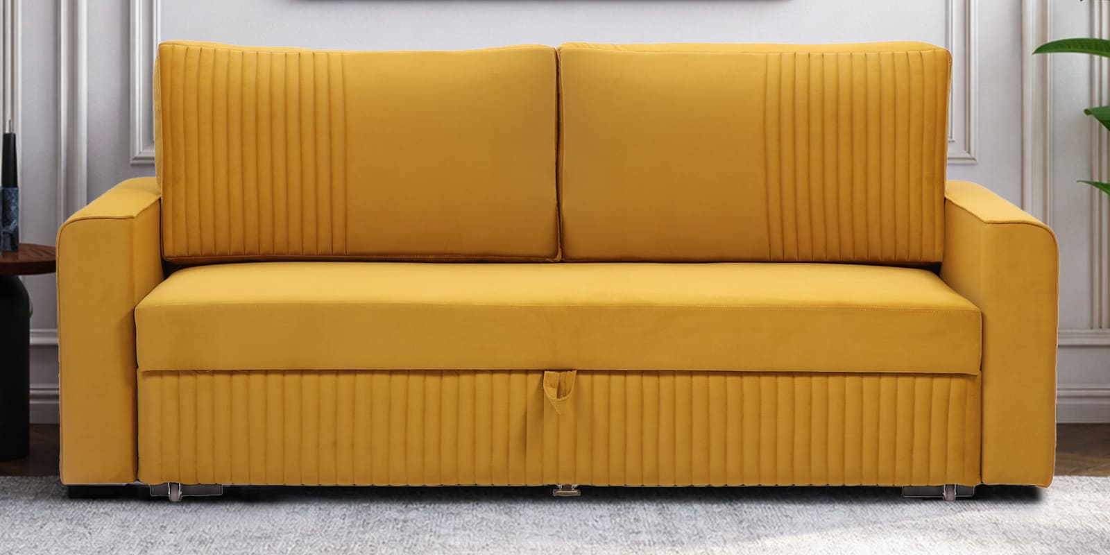 Elina Velvet Fabric Sofa Cum Bed in Mustard Yellow Colour With Storage