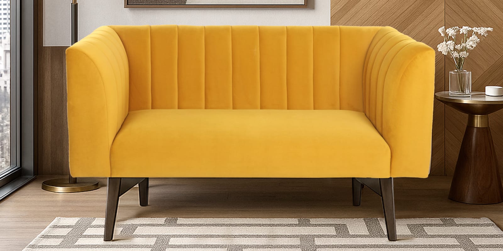 Ellory Velvet 2 Seater Sofa In Mustard Yellow Color