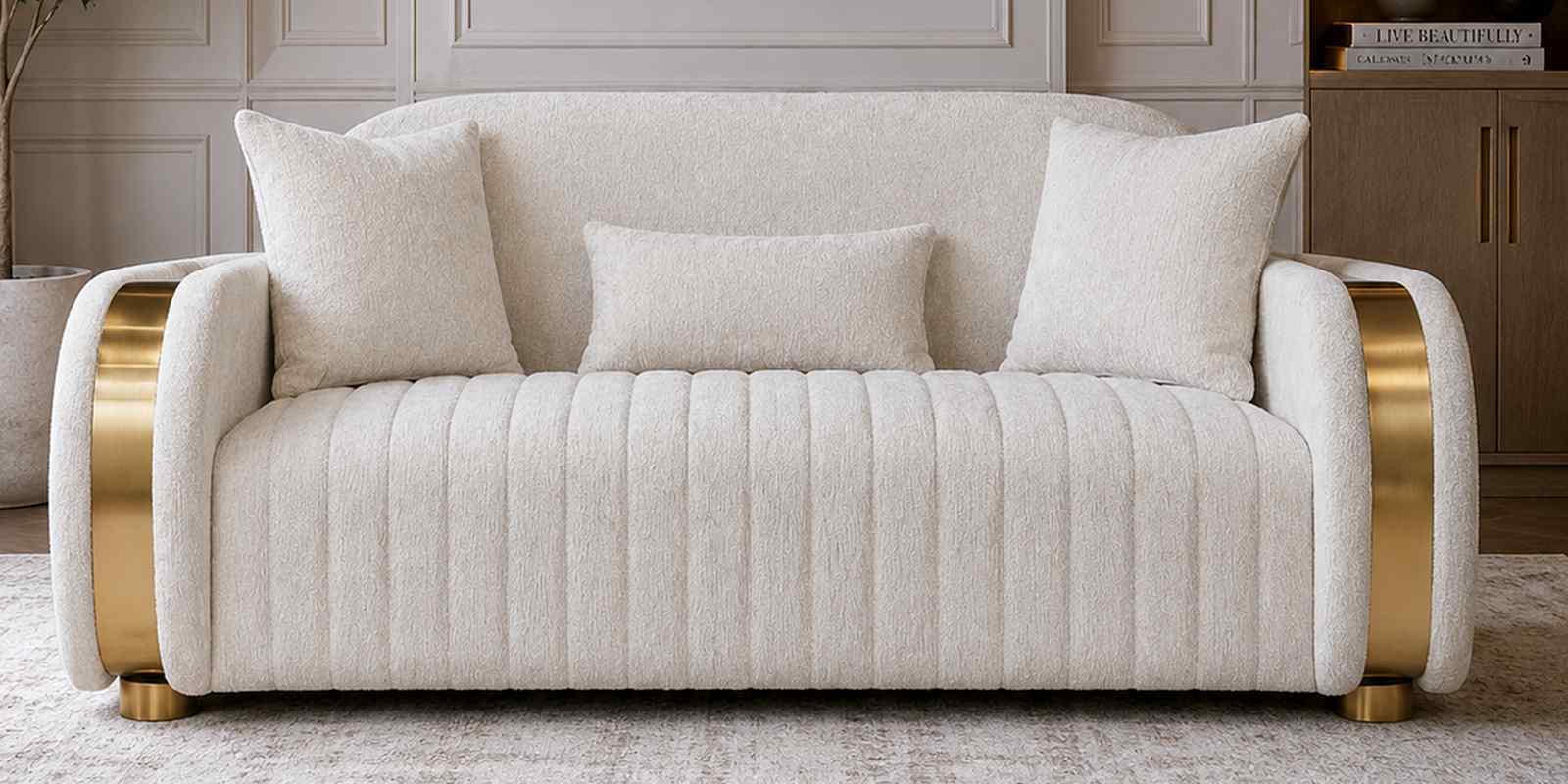 Elowen Fabric 3 Seater Sofa Set In Beige And Gold Colour Elowen Fabric 3 Seater Sofa Set In Beige And Gold Colour