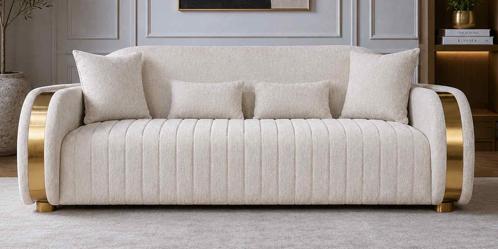 Elowen Fabric 4 Seater Sofa Set In Beige And Gold Colour Elowen Fabric 4 Seater Sofa Set In Beige And Gold Colour