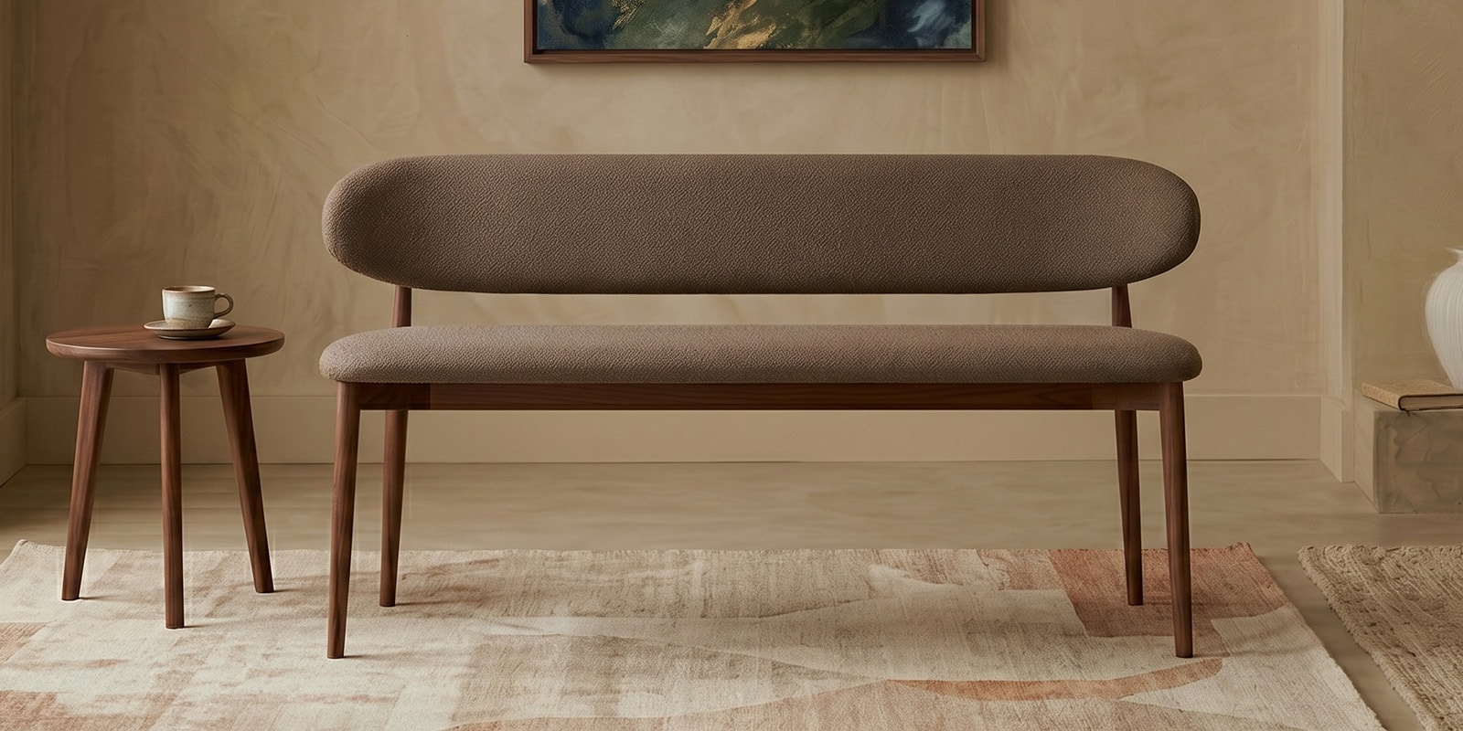 Corka Boucle Fabric Settee In Dark Brown Colour