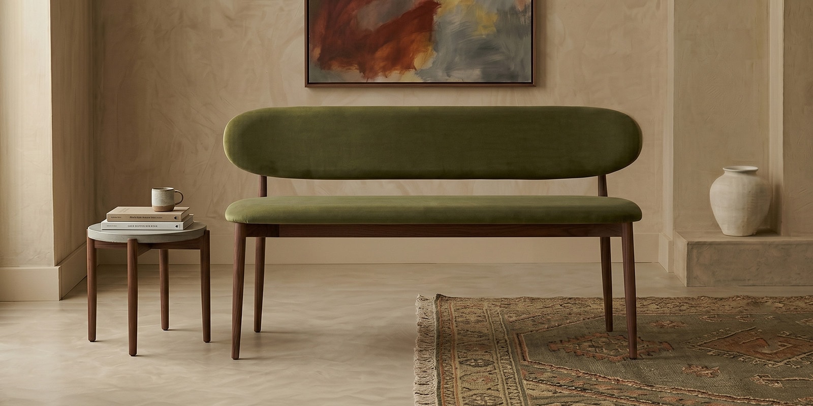 Corka Boucle Fabric Settee In Moss Green Colour