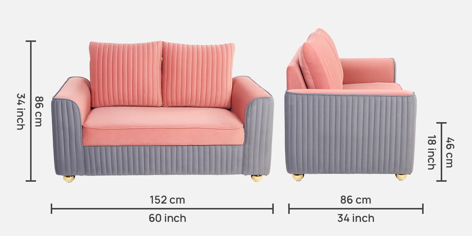 Elysia Water Repellant Velvet 2 Seater Sofa In Blush Pink And Fossil Grey Color