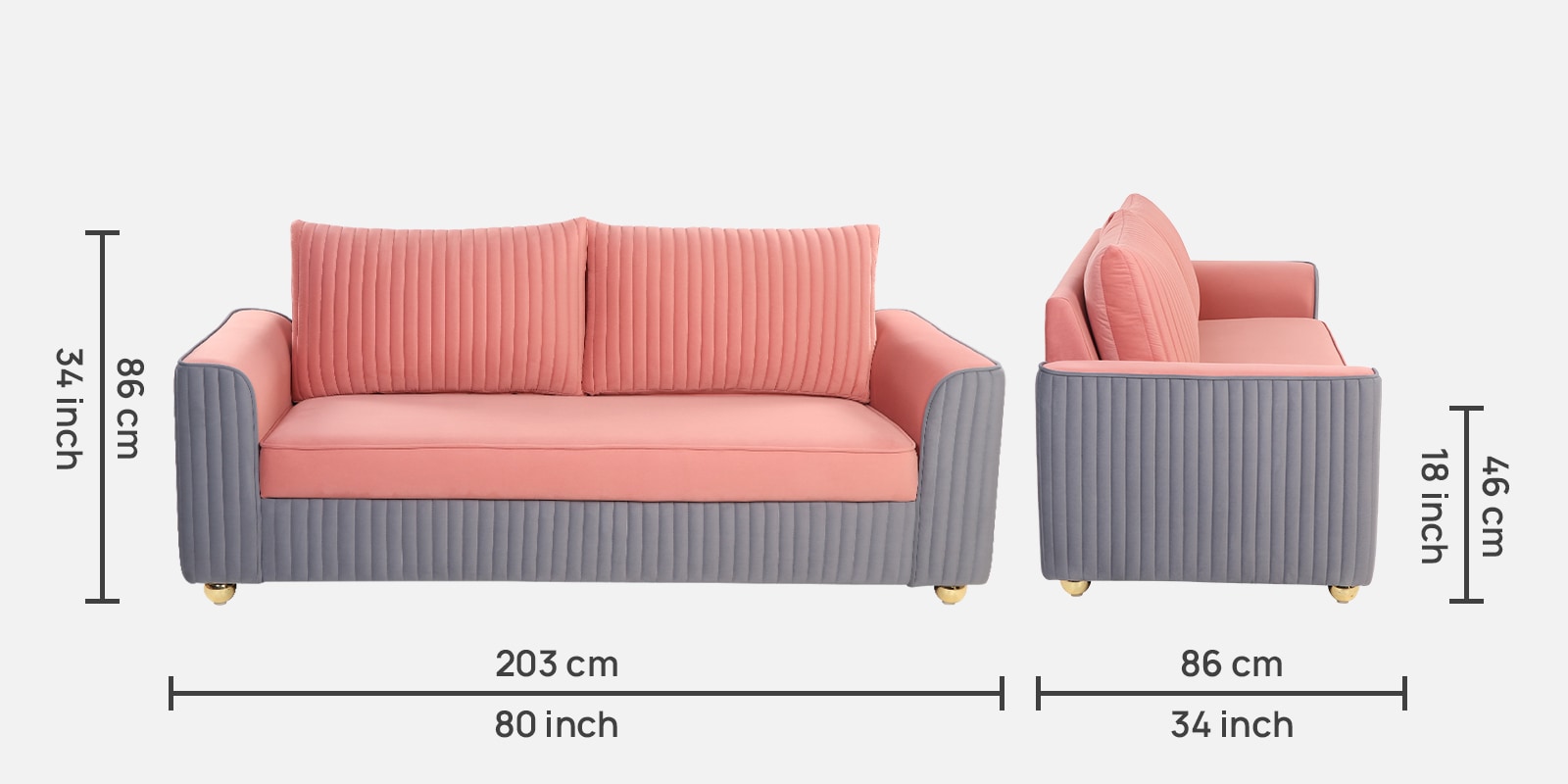 Elysia Water Repellant Velvet 3 Seater Sofa In Blush Pink And Fossil Grey Color