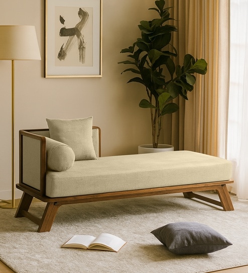 Elano Fabric RHS Sheesham Wood Chaise Lounger In Neut