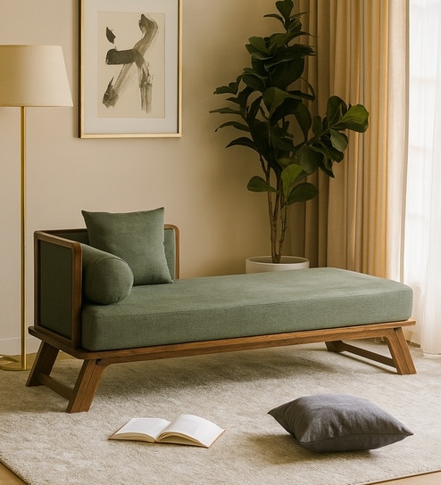 Elano Fabric RHS Sheesham Wood Chaise Lounger In Neut