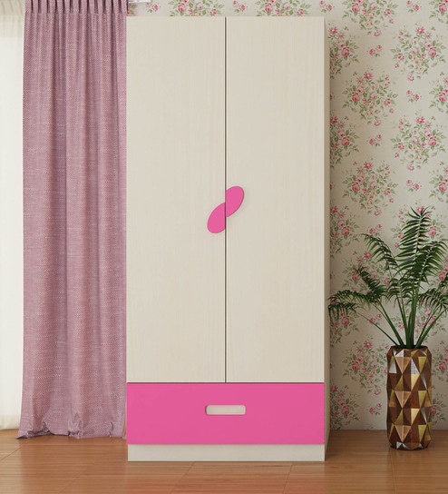 Elanza Kids 2 Door Wardrobe in Light Woodgrain & Pink Finish