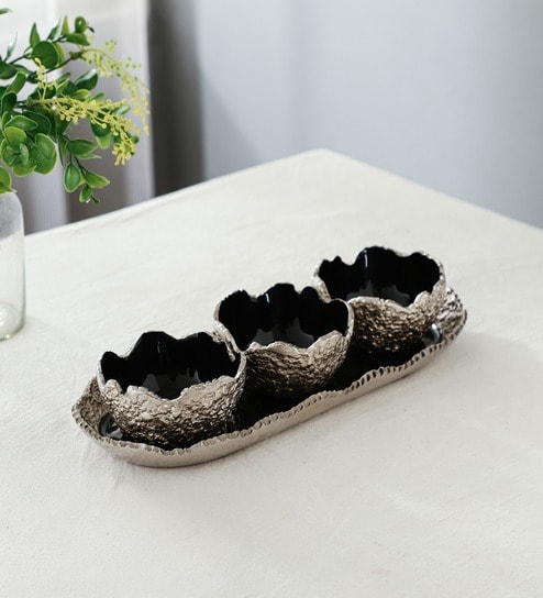 Elaris Tray & Bowl Set In Silver Black