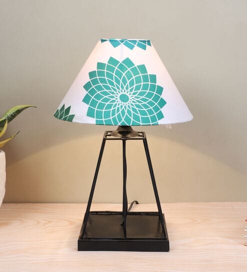 Elegance Light Black Metal Table Lamp With Dahlia Floral Print Satin Shade