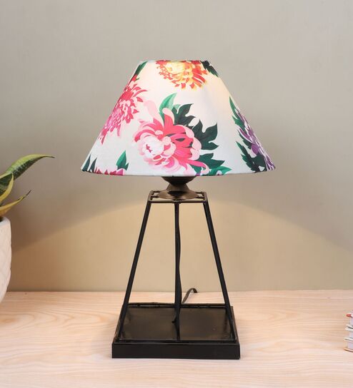 Elegance Light Black Metal Table Lamp With Carnation Print Satin Shade