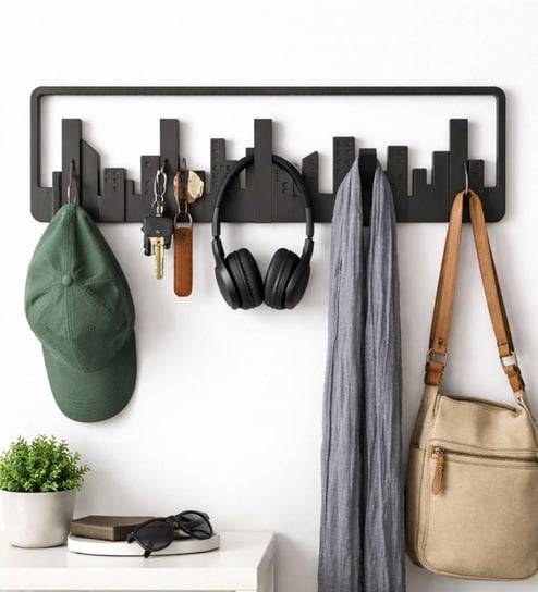 Black Multipurpose Metal City Wall Hanger with Multiple Hooks