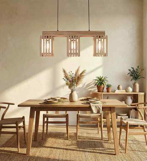 Elegant 3 Lights Beige Solid Wood Linear Chandelier Cluster Hanging Light