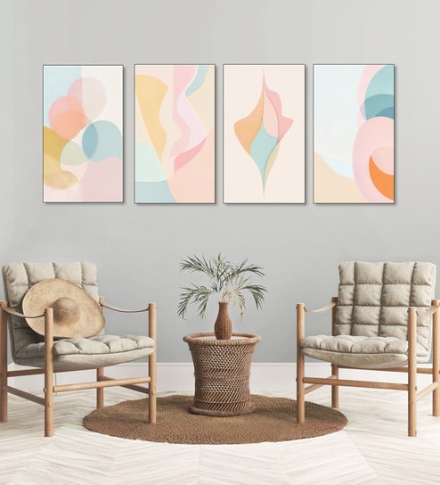 Elegant Abstract Pastel Wall Paintings Set of 4 Canvas Black Frame