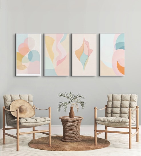 Elegant Abstract Pastel Wall Paintings Set of 4 Canvas Stretch Canvas Frame