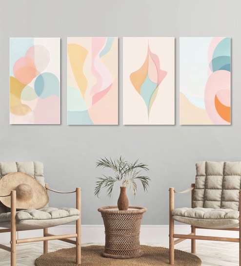 Elegant Abstract Pastel Wall Paintings Set of 4 Canvas White Frame