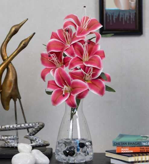Elegant Artificial Dark Pink Lily Flower Bunch Real Touch Decorative Bouquet For Home & Events (Dpink)