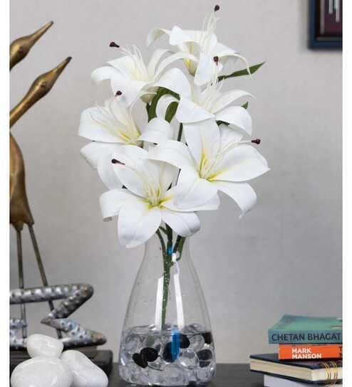 Elegant Artificial Lily Flower Bunch with 6 Flower Heads (White)