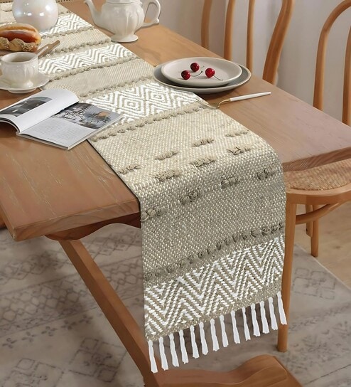 Beige and White Woven 13x74 Inch Table Runner with Tassels