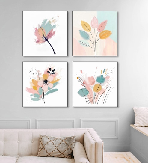 Elegant Blooming Flowers Painting Set of 4 Canvas Wall Painting Black Frame