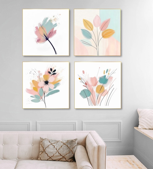 Elegant Blooming Flowers Painting Set of 4 Canvas Wall Painting Gold Frame