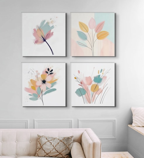 Elegant Blooming Flowers Painting Set of 4 Canvas Wall Painting Stretch Canvas Frame