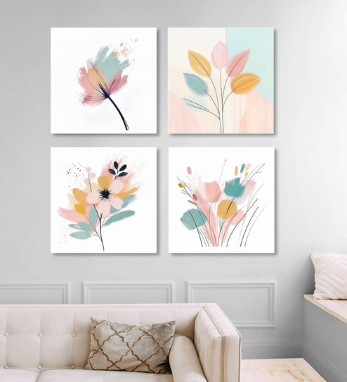 Elegant Blooming Flowers Painting Set of 4 Canvas Wall Painting White Frame