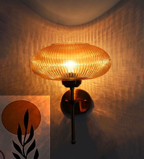 Elegant Brass Wall Light Ribbed Kachori Glass