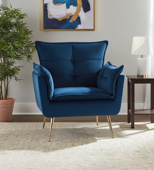 Elegant Chaise Velvet Fabric Lounge Chair In Blue Colour