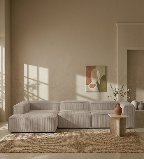 Elegant Edge 2 Seater Corduroy RHS L Shaped Sofa In Cr me Color