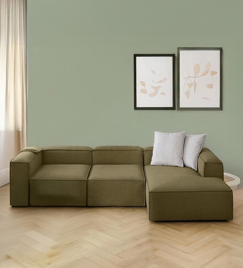 Elegant Edge 3 Seater LHS L Shaped Sofa In  Olive Green Color