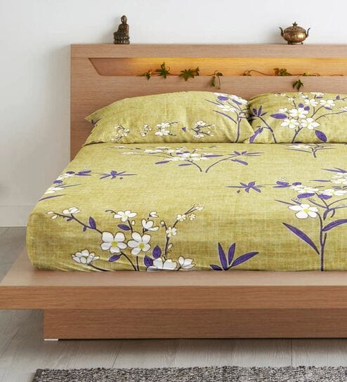 Elegant Floral Print Cotton Blend Fitted Bedsheet for King Size Bed (72 x 78 x 6 Inches, Olive Green)