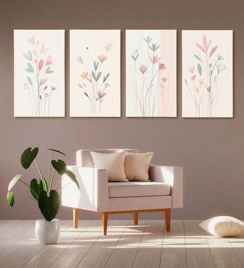Elegant Floral Wall Art Set of 4 Canvas Wall Painting Gold Frame