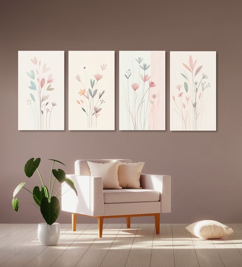 Elegant Floral Wall Art Set of 4 Canvas Wall Painting White Frame