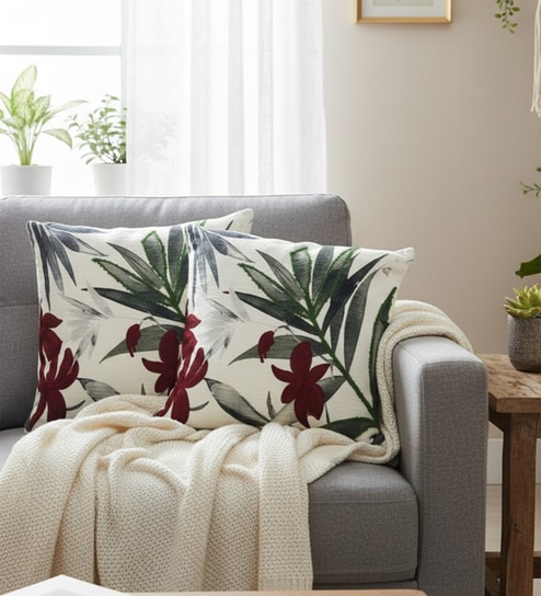 Elegant Maroon & Green Botanical Embroidered Throw Cushion Covers (18x18 Inch, Set of 2)
