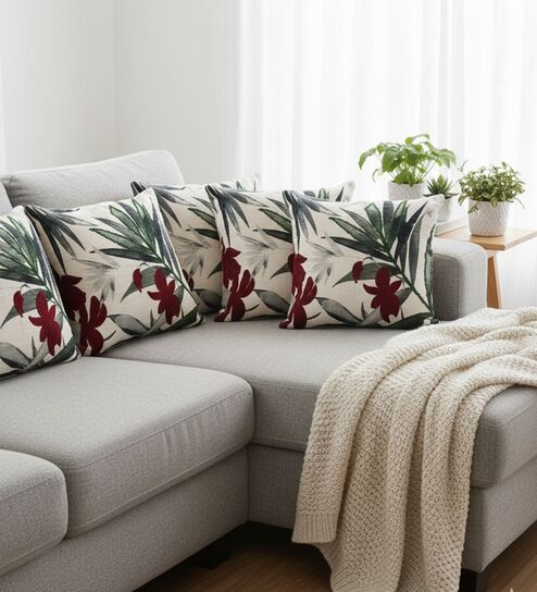 Elegant Maroon & Green Botanical Embroidered Throw Cushion Covers (18x18 Inch, Set of 5)